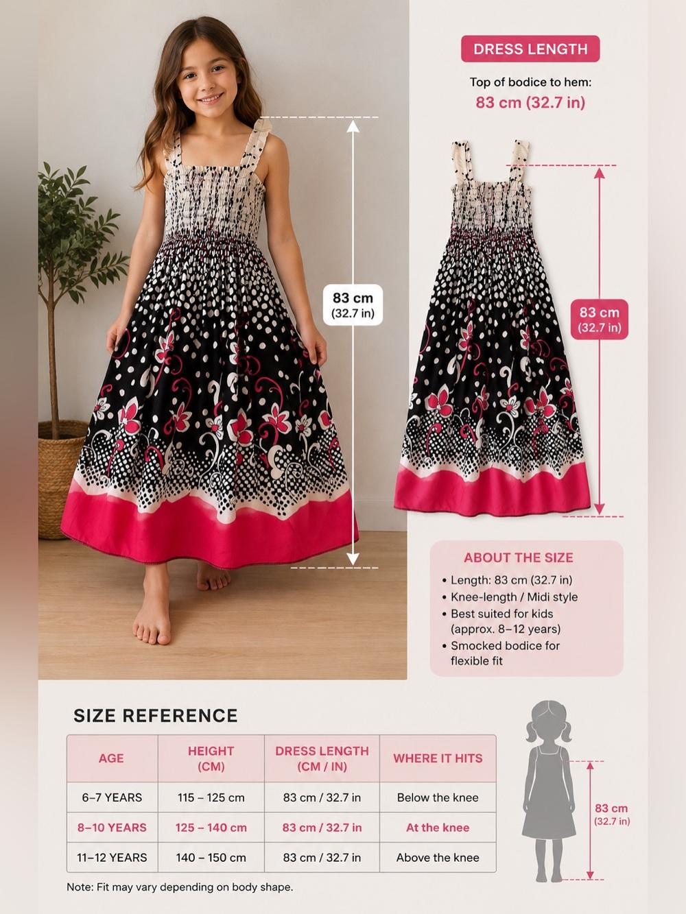 Smocked Floral Midi Dress for Girls - Black & Pink